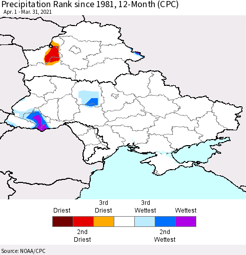 Ukraine, Moldova and Belarus Precipitation Rank 12-Month (CPC) Thematic Map For 4/1/2020 - 3/31/2021