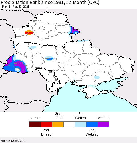 Ukraine, Moldova and Belarus Precipitation Rank 12-Month (CPC) Thematic Map For 5/1/2020 - 4/30/2021