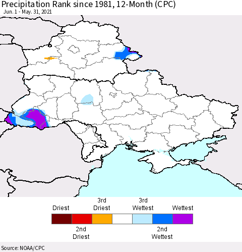 Ukraine, Moldova and Belarus Precipitation Rank 12-Month (CPC) Thematic Map For 6/1/2020 - 5/31/2021