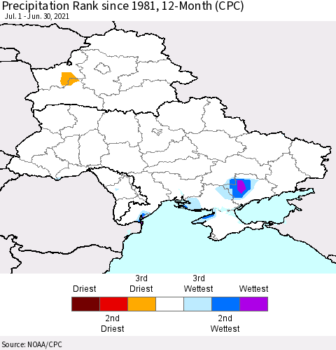 Ukraine, Moldova and Belarus Precipitation Rank 12-Month (CPC) Thematic Map For 7/1/2020 - 6/30/2021