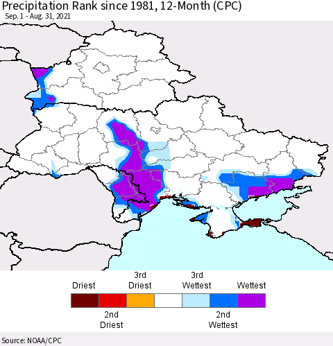 Ukraine, Moldova and Belarus Precipitation Rank since 1981, 12-Month (CPC) Thematic Map For 9/1/2020 - 8/31/2021