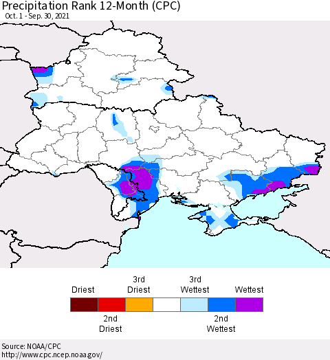 Ukraine, Moldova and Belarus Precipitation Rank since 1981, 12-Month (CPC) Thematic Map For 10/1/2020 - 9/30/2021