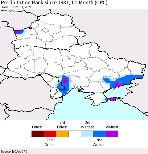 Ukraine, Moldova and Belarus Precipitation Rank since 1981, 12-Month (CPC) Thematic Map For 11/1/2020 - 10/31/2021