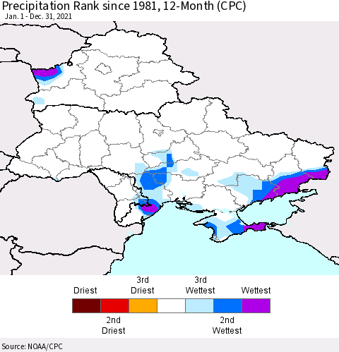 Ukraine, Moldova and Belarus Precipitation Rank since 1981, 12-Month (CPC) Thematic Map For 1/1/2021 - 12/31/2021