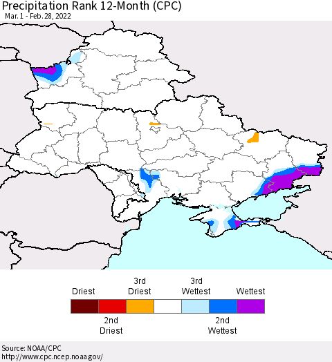 Ukraine, Moldova and Belarus Precipitation Rank since 1981, 12-Month (CPC) Thematic Map For 3/1/2021 - 2/28/2022