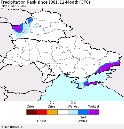 Ukraine, Moldova and Belarus Precipitation Rank since 1981, 12-Month (CPC) Thematic Map For 5/1/2021 - 4/30/2022