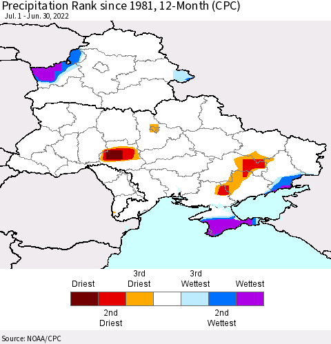 Ukraine, Moldova and Belarus Precipitation Rank since 1981, 12-Month (CPC) Thematic Map For 7/1/2021 - 6/30/2022