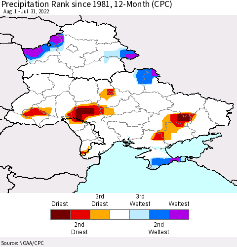 Ukraine, Moldova and Belarus Precipitation Rank since 1981, 12-Month (CPC) Thematic Map For 8/1/2021 - 7/31/2022
