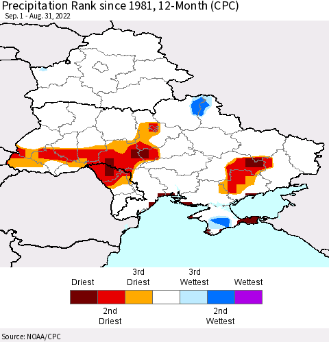 Ukraine, Moldova and Belarus Precipitation Rank since 1981, 12-Month (CPC) Thematic Map For 9/1/2021 - 8/31/2022