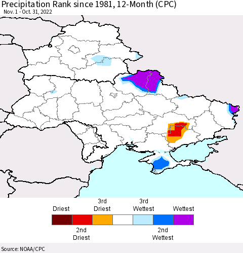 Ukraine, Moldova and Belarus Precipitation Rank since 1981, 12-Month (CPC) Thematic Map For 11/1/2021 - 10/31/2022