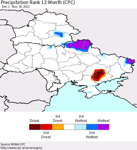 Ukraine, Moldova and Belarus Precipitation Rank since 1981, 12-Month (CPC) Thematic Map For 12/1/2021 - 11/30/2022