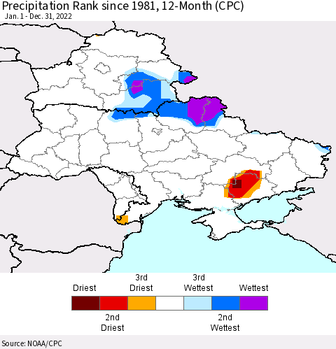 Ukraine, Moldova and Belarus Precipitation Rank since 1981, 12-Month (CPC) Thematic Map For 1/1/2022 - 12/31/2022