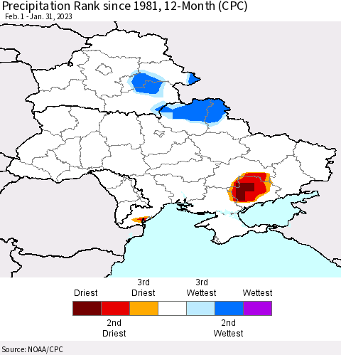 Ukraine, Moldova and Belarus Precipitation Rank since 1981, 12-Month (CPC) Thematic Map For 2/1/2022 - 1/31/2023