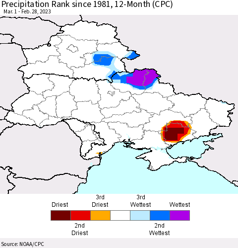 Ukraine, Moldova and Belarus Precipitation Rank since 1981, 12-Month (CPC) Thematic Map For 3/1/2022 - 2/28/2023