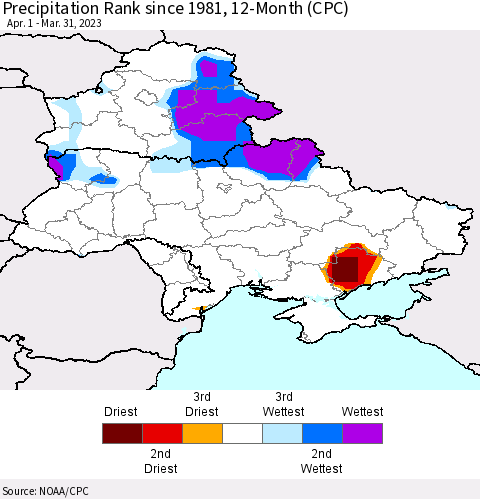 Ukraine, Moldova and Belarus Precipitation Rank since 1981, 12-Month (CPC) Thematic Map For 4/1/2022 - 3/31/2023