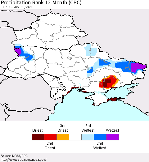 Ukraine, Moldova and Belarus Precipitation Rank since 1981, 12-Month (CPC) Thematic Map For 6/1/2022 - 5/31/2023