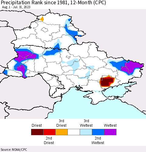 Ukraine, Moldova and Belarus Precipitation Rank since 1981, 12-Month (CPC) Thematic Map For 8/1/2022 - 7/31/2023