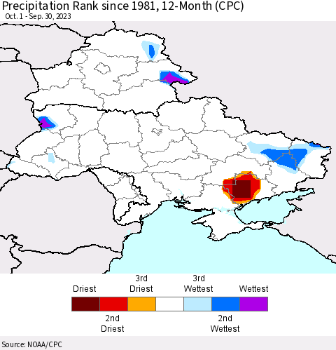 Ukraine, Moldova and Belarus Precipitation Rank since 1981, 12-Month (CPC) Thematic Map For 10/1/2022 - 9/30/2023