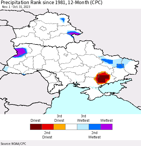 Ukraine, Moldova and Belarus Precipitation Rank since 1981, 12-Month (CPC) Thematic Map For 11/1/2022 - 10/31/2023