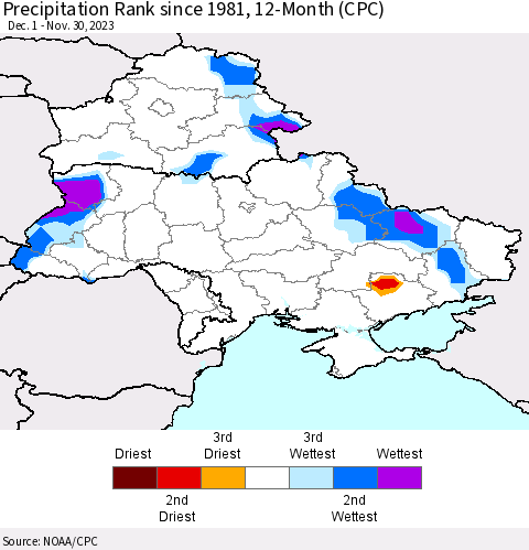 Ukraine, Moldova and Belarus Precipitation Rank since 1981, 12-Month (CPC) Thematic Map For 12/1/2022 - 11/30/2023