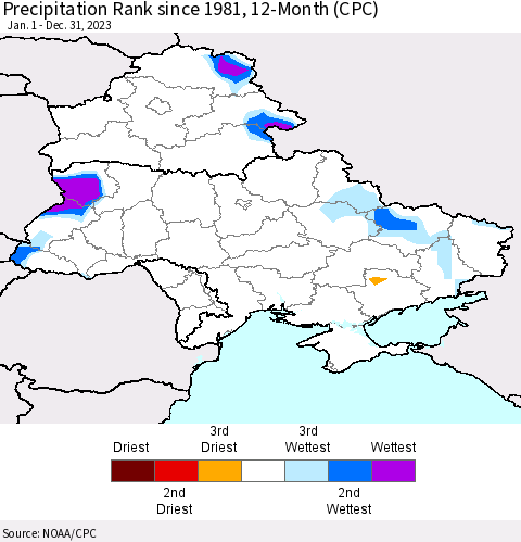 Ukraine, Moldova and Belarus Precipitation Rank since 1981, 12-Month (CPC) Thematic Map For 1/1/2023 - 12/31/2023