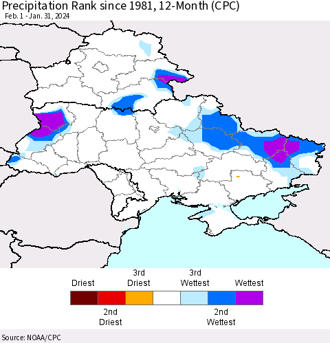 Ukraine, Moldova and Belarus Precipitation Rank since 1981, 12-Month (CPC) Thematic Map For 2/1/2023 - 1/31/2024