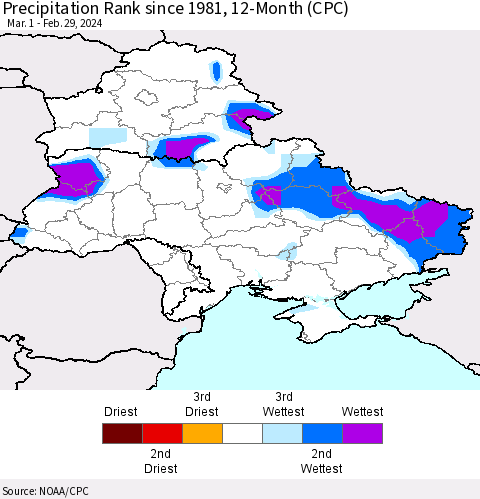 Ukraine, Moldova and Belarus Precipitation Rank since 1981, 12-Month (CPC) Thematic Map For 3/1/2023 - 2/29/2024