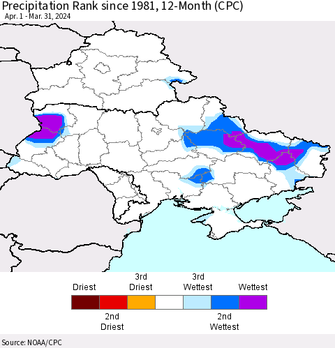Ukraine, Moldova and Belarus Precipitation Rank since 1981, 12-Month (CPC) Thematic Map For 4/1/2023 - 3/31/2024