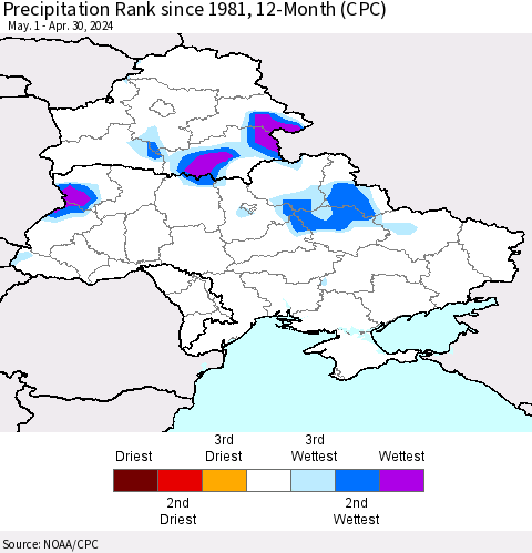Ukraine, Moldova and Belarus Precipitation Rank since 1981, 12-Month (CPC) Thematic Map For 5/1/2023 - 4/30/2024