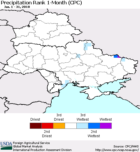 Ukraine, Moldova and Belarus Precipitation Rank since 1981, 1-Month (CPC) Thematic Map For 1/1/2018 - 1/31/2018