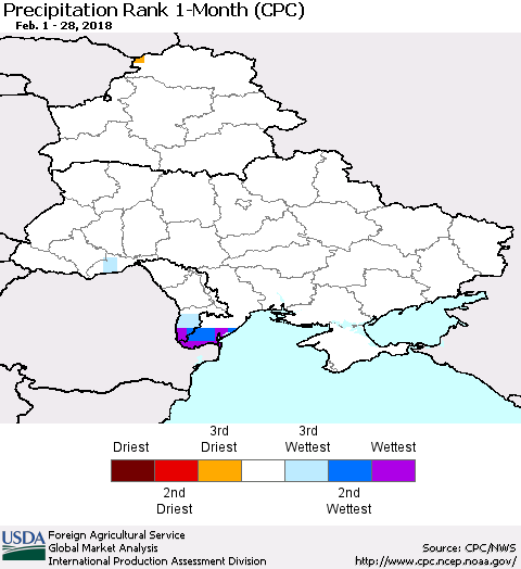 Ukraine, Moldova and Belarus Precipitation Rank since 1981, 1-Month (CPC) Thematic Map For 2/1/2018 - 2/28/2018