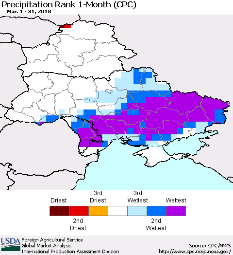 Ukraine, Moldova and Belarus Precipitation Rank since 1981, 1-Month (CPC) Thematic Map For 3/1/2018 - 3/31/2018