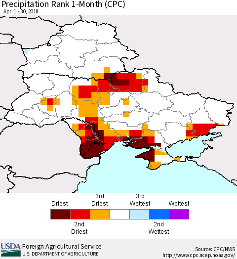 Ukraine, Moldova and Belarus Precipitation Rank since 1981, 1-Month (CPC) Thematic Map For 4/1/2018 - 4/30/2018
