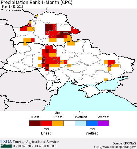 Ukraine, Moldova and Belarus Precipitation Rank since 1981, 1-Month (CPC) Thematic Map For 5/1/2018 - 5/31/2018