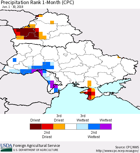 Ukraine, Moldova and Belarus Precipitation Rank since 1981, 1-Month (CPC) Thematic Map For 6/1/2018 - 6/30/2018
