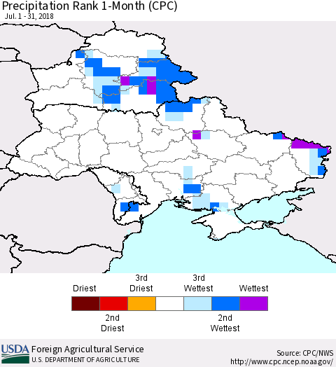 Ukraine, Moldova and Belarus Precipitation Rank since 1981, 1-Month (CPC) Thematic Map For 7/1/2018 - 7/31/2018