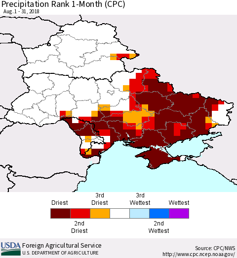 Ukraine, Moldova and Belarus Precipitation Rank since 1981, 1-Month (CPC) Thematic Map For 8/1/2018 - 8/31/2018
