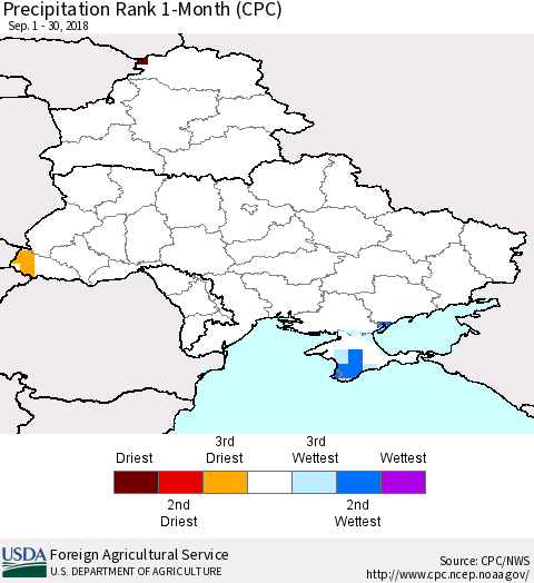 Ukraine, Moldova and Belarus Precipitation Rank since 1981, 1-Month (CPC) Thematic Map For 9/1/2018 - 9/30/2018