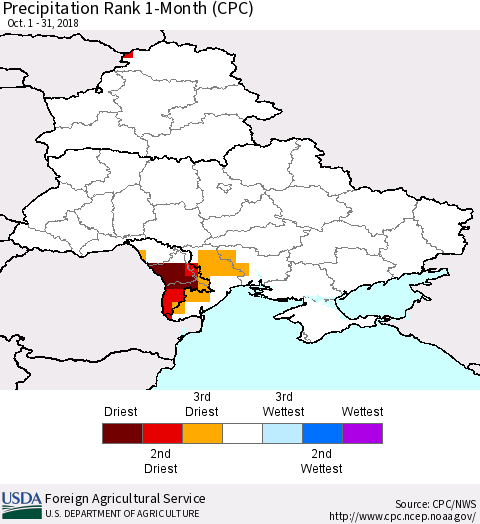 Ukraine, Moldova and Belarus Precipitation Rank 1-Month (CPC) Thematic Map For 10/1/2018 - 10/31/2018