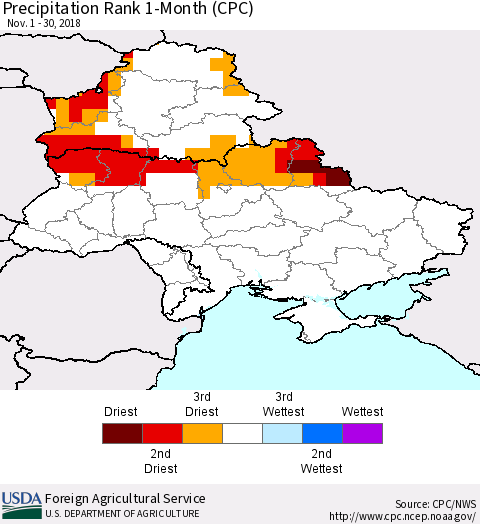 Ukraine, Moldova and Belarus Precipitation Rank 1-Month (CPC) Thematic Map For 11/1/2018 - 11/30/2018