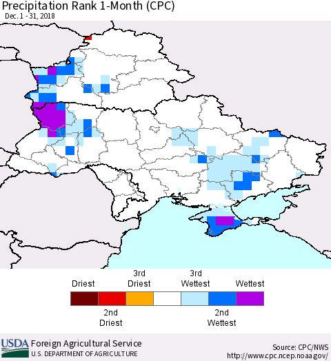 Ukraine, Moldova and Belarus Precipitation Rank 1-Month (CPC) Thematic Map For 12/1/2018 - 12/31/2018