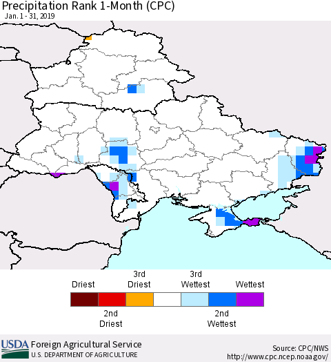 Ukraine, Moldova and Belarus Precipitation Rank 1-Month (CPC) Thematic Map For 1/1/2019 - 1/31/2019
