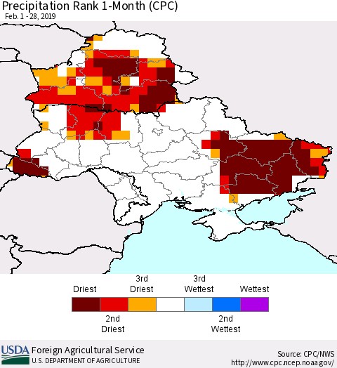 Ukraine, Moldova and Belarus Precipitation Rank 1-Month (CPC) Thematic Map For 2/1/2019 - 2/28/2019