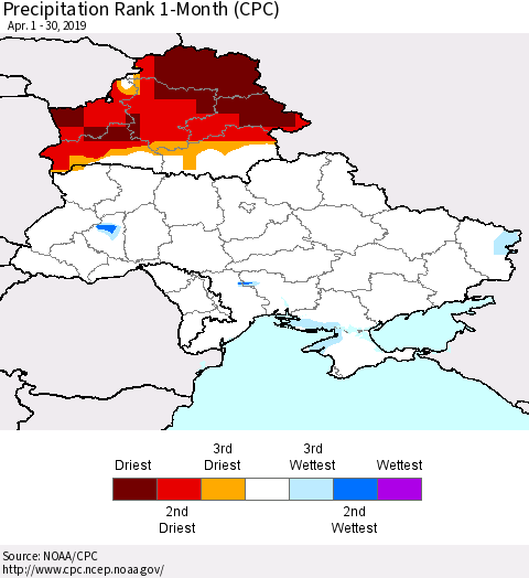 Ukraine, Moldova and Belarus Precipitation Rank 1-Month (CPC) Thematic Map For 4/1/2019 - 4/30/2019