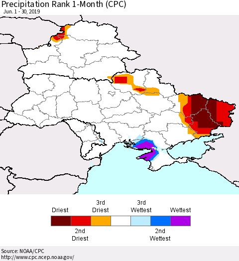 Ukraine, Moldova and Belarus Precipitation Rank 1-Month (CPC) Thematic Map For 6/1/2019 - 6/30/2019