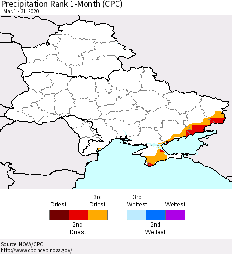 Ukraine, Moldova and Belarus Precipitation Rank 1-Month (CPC) Thematic Map For 3/1/2020 - 3/31/2020