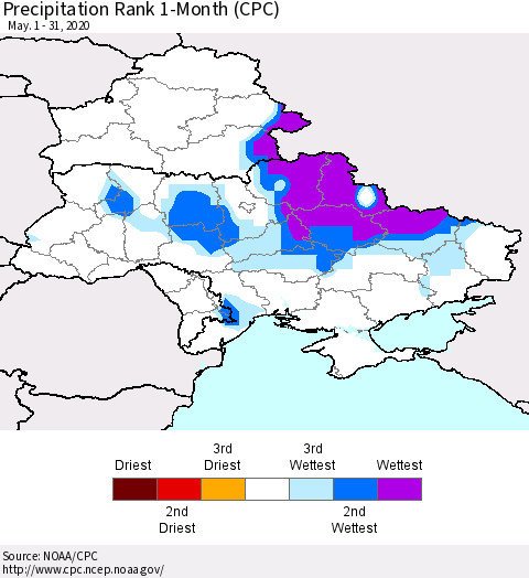 Ukraine, Moldova and Belarus Precipitation Rank 1-Month (CPC) Thematic Map For 5/1/2020 - 5/31/2020