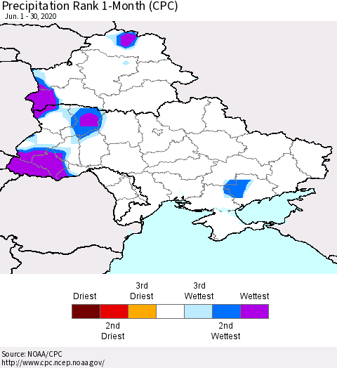Ukraine, Moldova and Belarus Precipitation Rank 1-Month (CPC) Thematic Map For 6/1/2020 - 6/30/2020