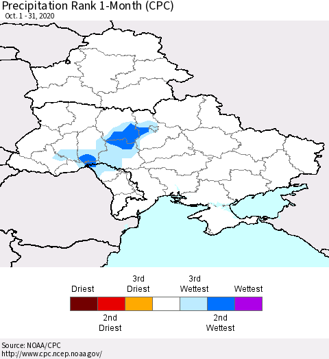 Ukraine, Moldova and Belarus Precipitation Rank since 1981, 1-Month (CPC) Thematic Map For 10/1/2020 - 10/31/2020