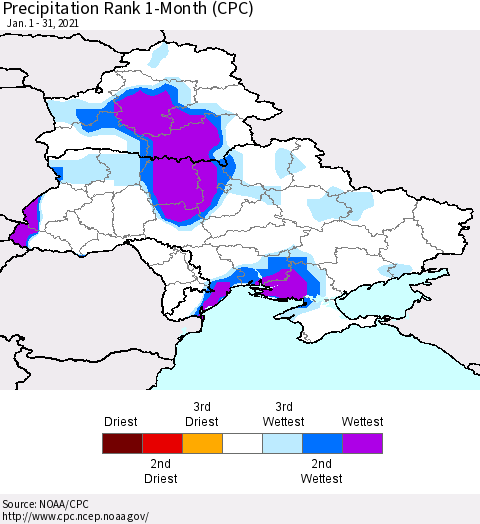 Ukraine, Moldova and Belarus Precipitation Rank 1-Month (CPC) Thematic Map For 1/1/2021 - 1/31/2021
